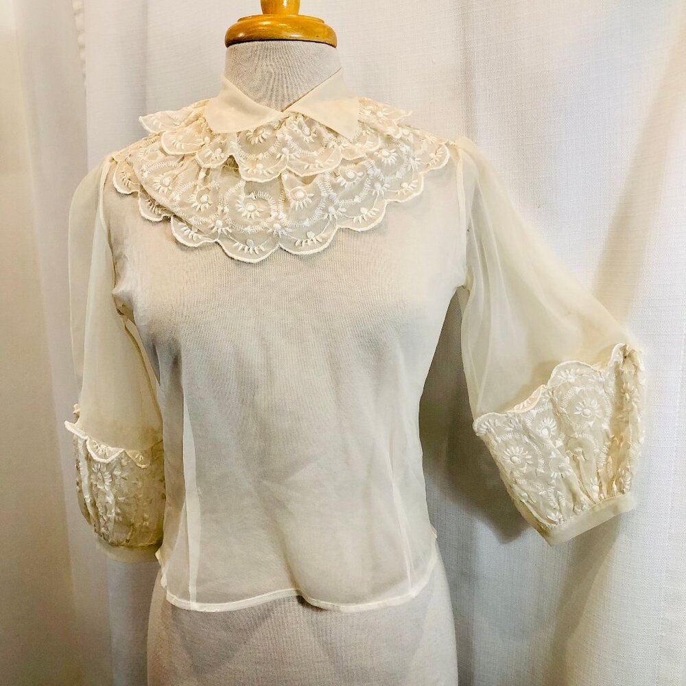 Vintage 1950s Sheer Nylon Blouse in with Portrait Collar and Embroidered Lace